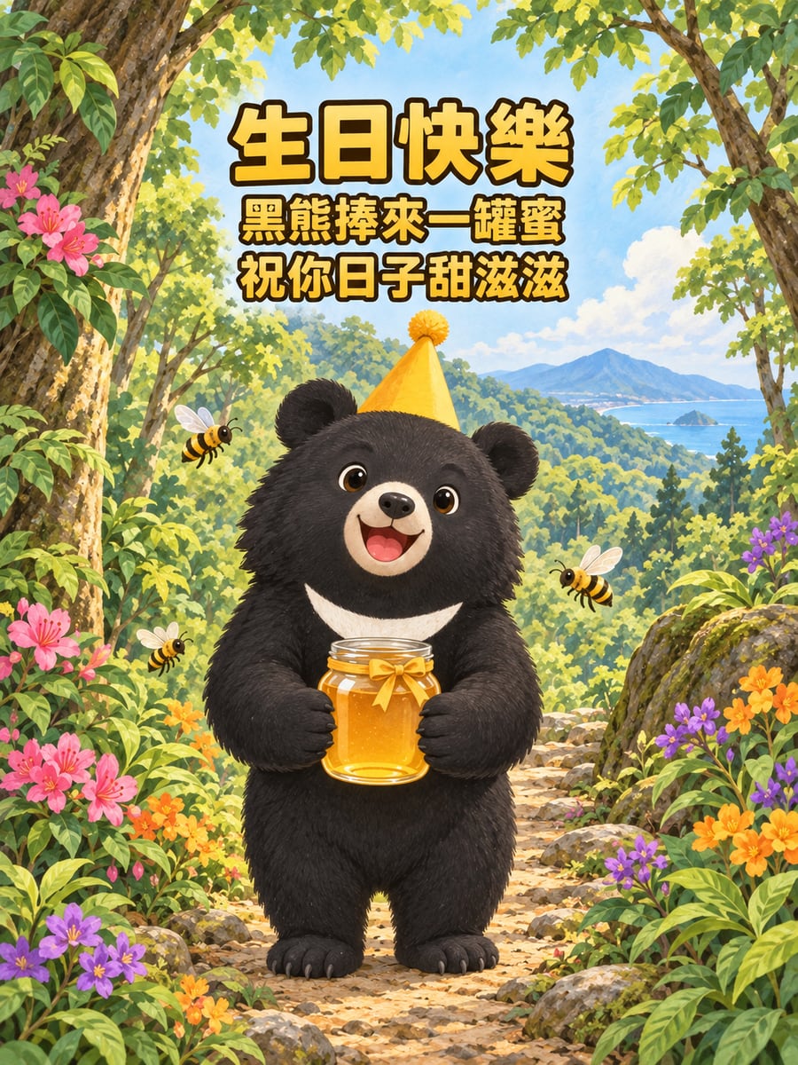黑熊送蜂蜜。圖中文字：生日快樂，黑熊捧來一罐蜜，祝你日子甜滋滋