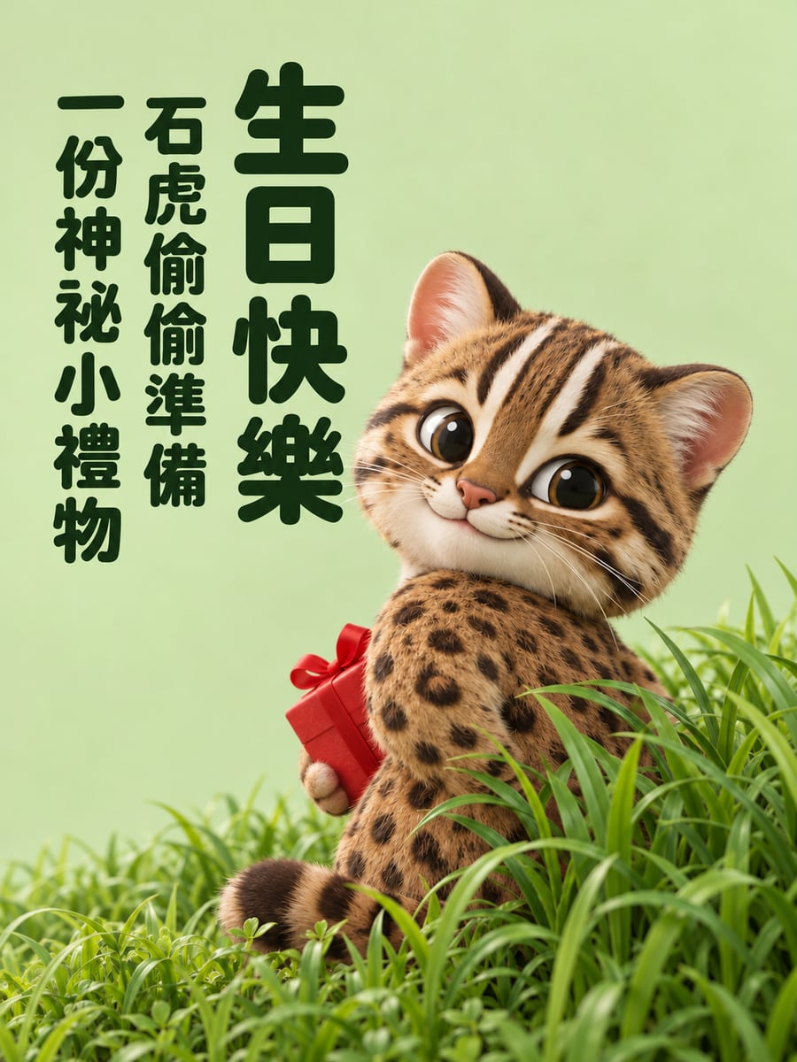 石虎藏禮物。圖中文字：生日快樂，石虎偷偷準備，一份神祕小禮物