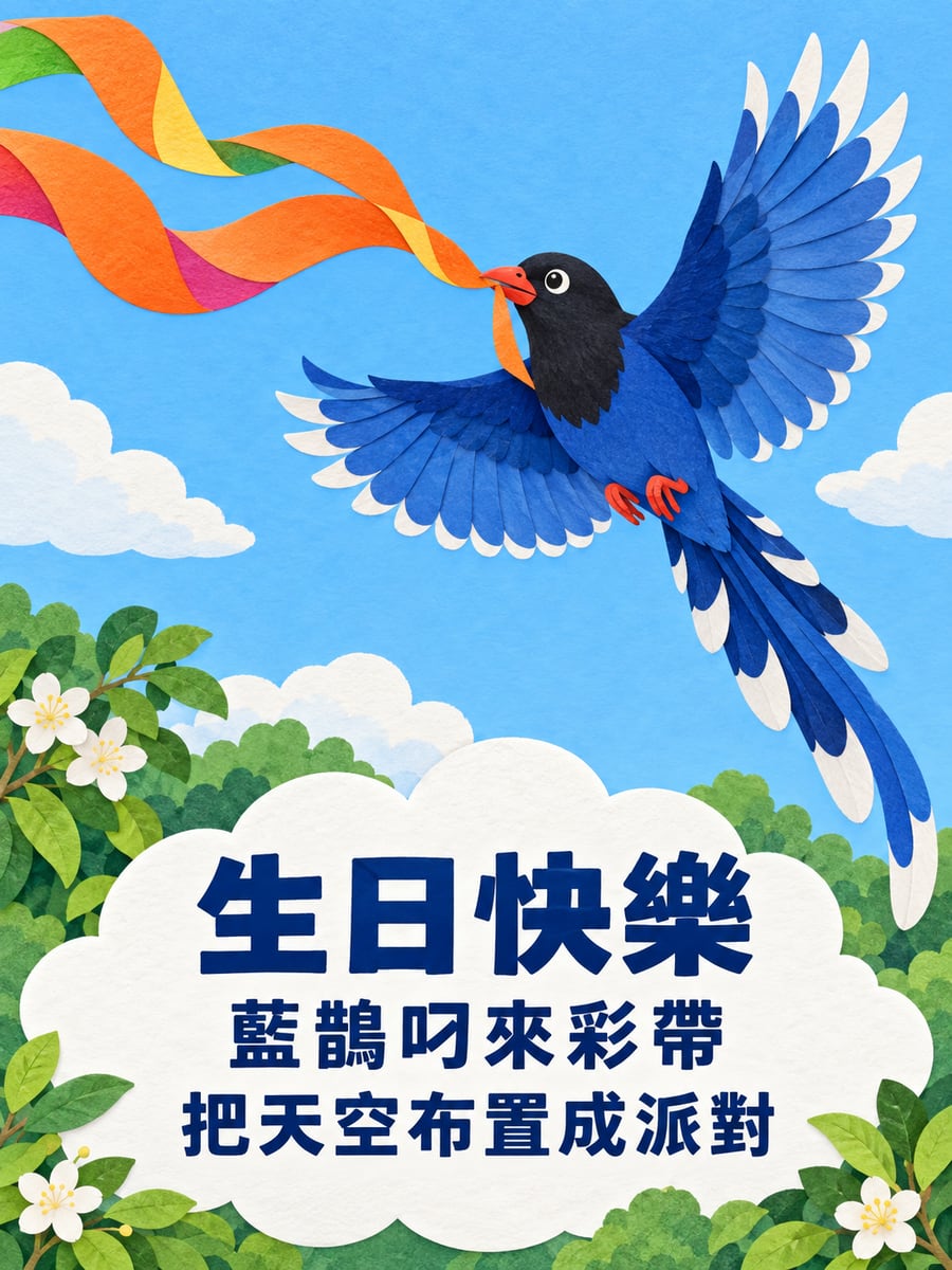 藍鵲叼彩帶。圖中文字：生日快樂，藍鵲叼來彩帶，把天空布置成派對