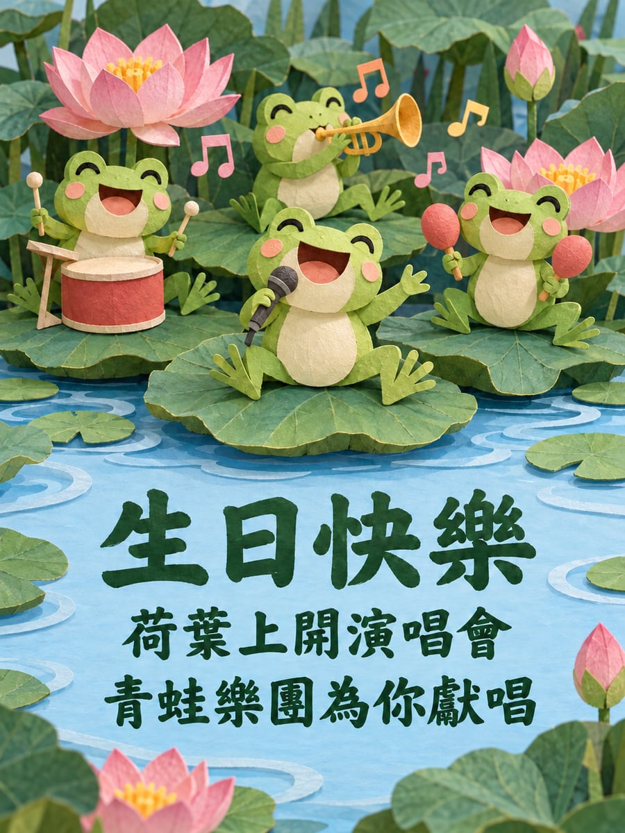 青蛙樂團。圖中文字：生日快樂，荷葉上開演唱會，青蛙樂團為你獻唱