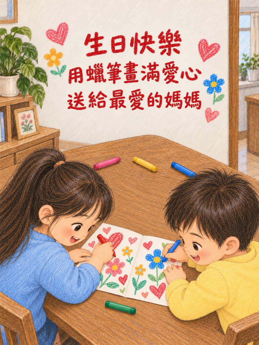 姊弟畫卡片給媽媽。圖中文字：生日快樂，用蠟筆畫滿愛心，送給最愛的媽媽