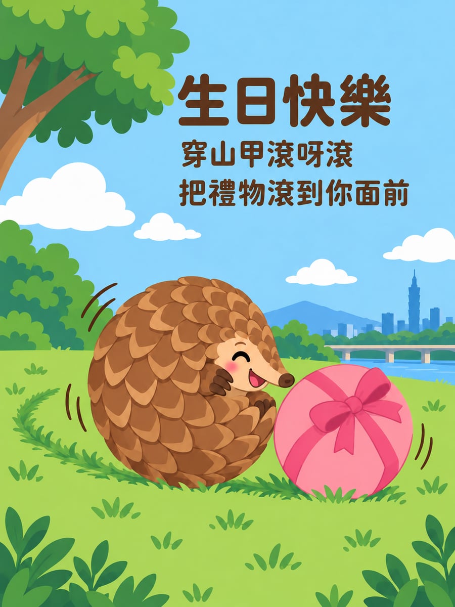 穿山甲滾禮物。圖中文字：生日快樂，穿山甲滾呀滾，把禮物滾到你面前
