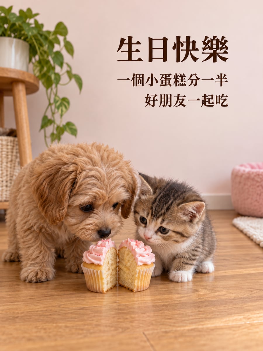 狗狗貓咪分蛋糕。圖中文字：生日快樂，一個小蛋糕分一半，好朋友一起吃