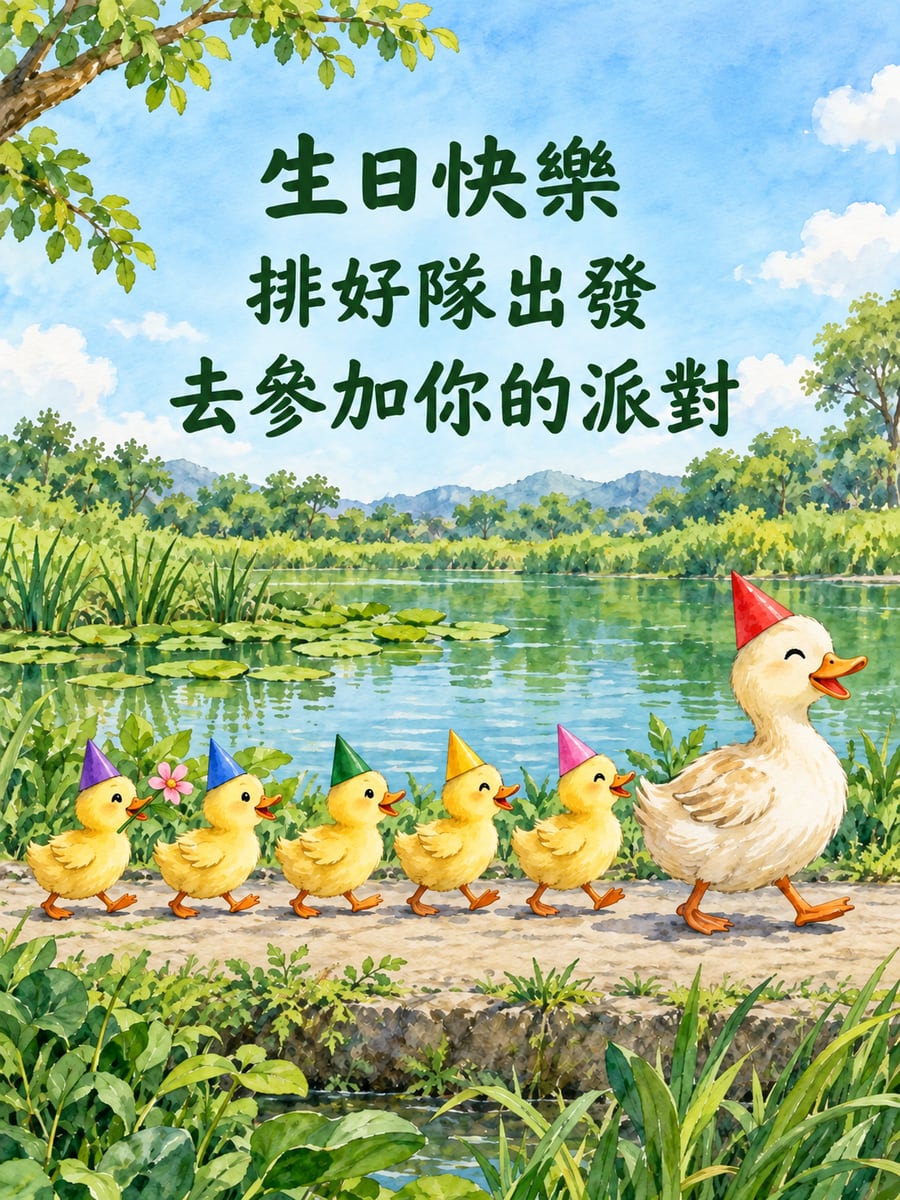 小鴨排隊去派對。圖中文字：生日快樂，排好隊出發，去參加你的派對