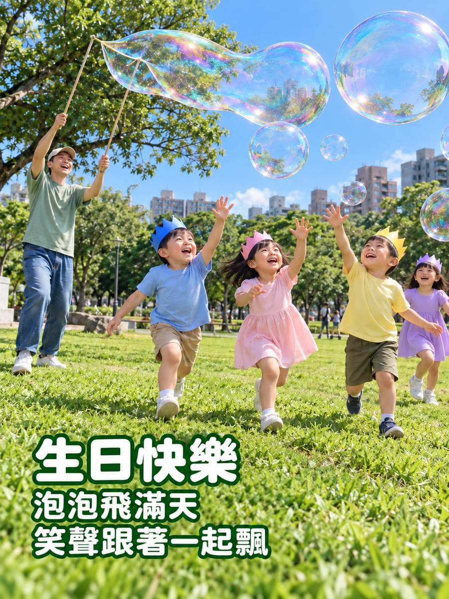 公園吹泡泡。圖中文字：生日快樂，泡泡飛滿天，笑聲跟著一起飄
