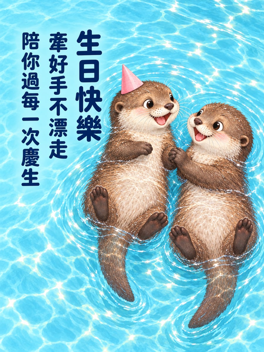 水獺牽手。圖中文字：生日快樂，牽好手不漂走，陪你過每一次慶生
