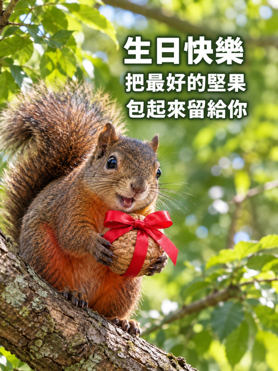 松鼠包堅果。圖中文字：生日快樂，把最好的堅果，包起來留給你