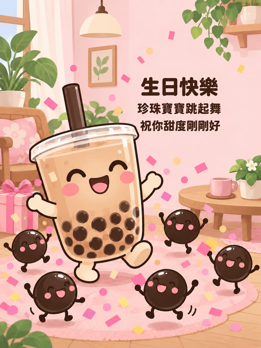 珍珠寶寶跳舞。圖中文字：生日快樂，珍珠寶寶跳起舞，祝你甜度剛剛好