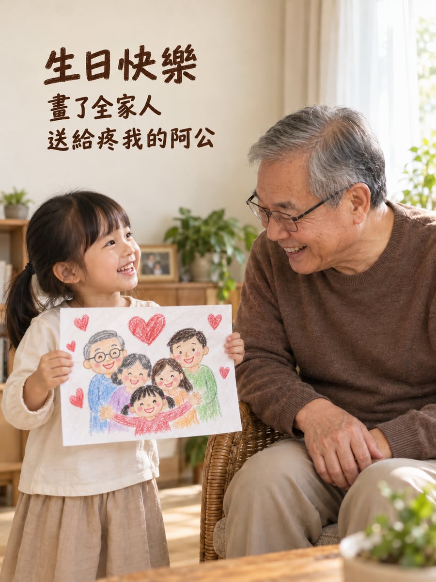 孫女送畫給阿公。圖中文字：生日快樂，畫了全家人，送給疼我的阿公