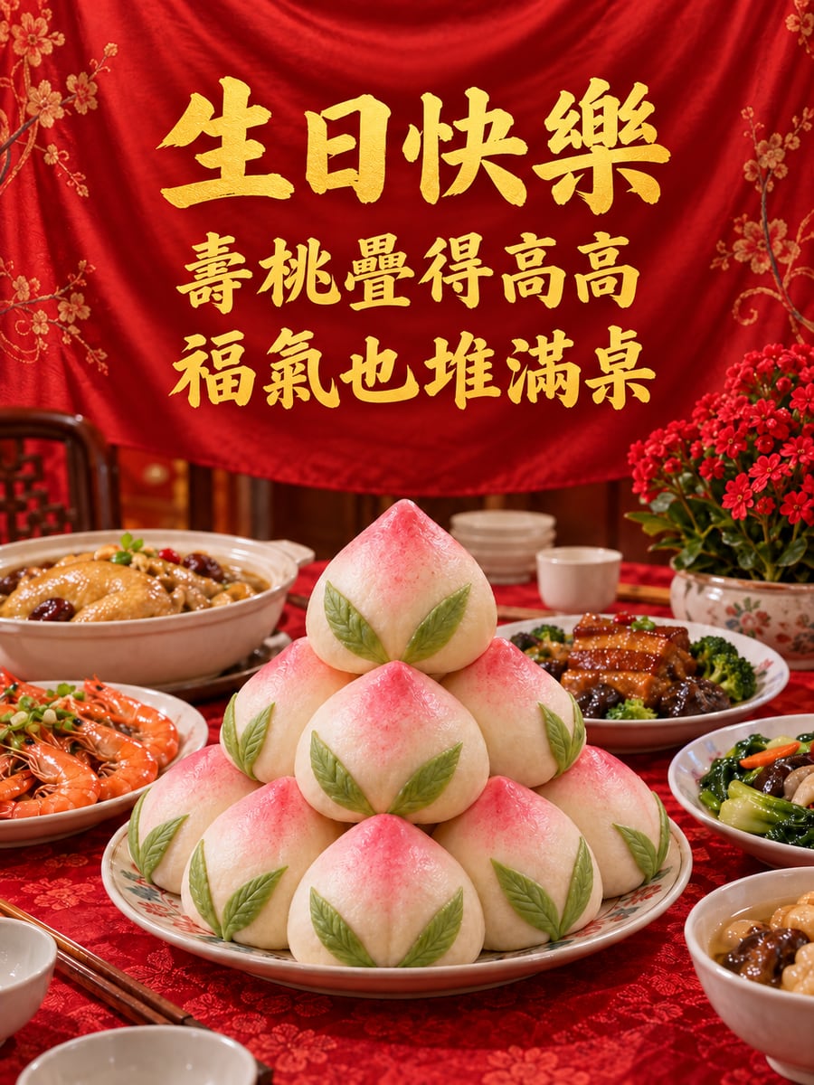 壽桃疊成塔。圖中文字：生日快樂，壽桃疊得高高，福氣也堆滿桌