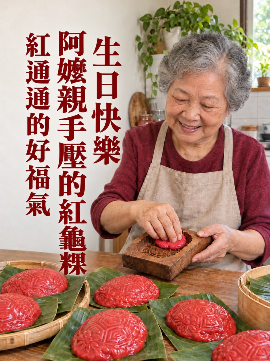 阿嬤做紅龜粿。圖中文字：生日快樂，阿嬤親手壓的紅龜粿，紅通通的好福氣