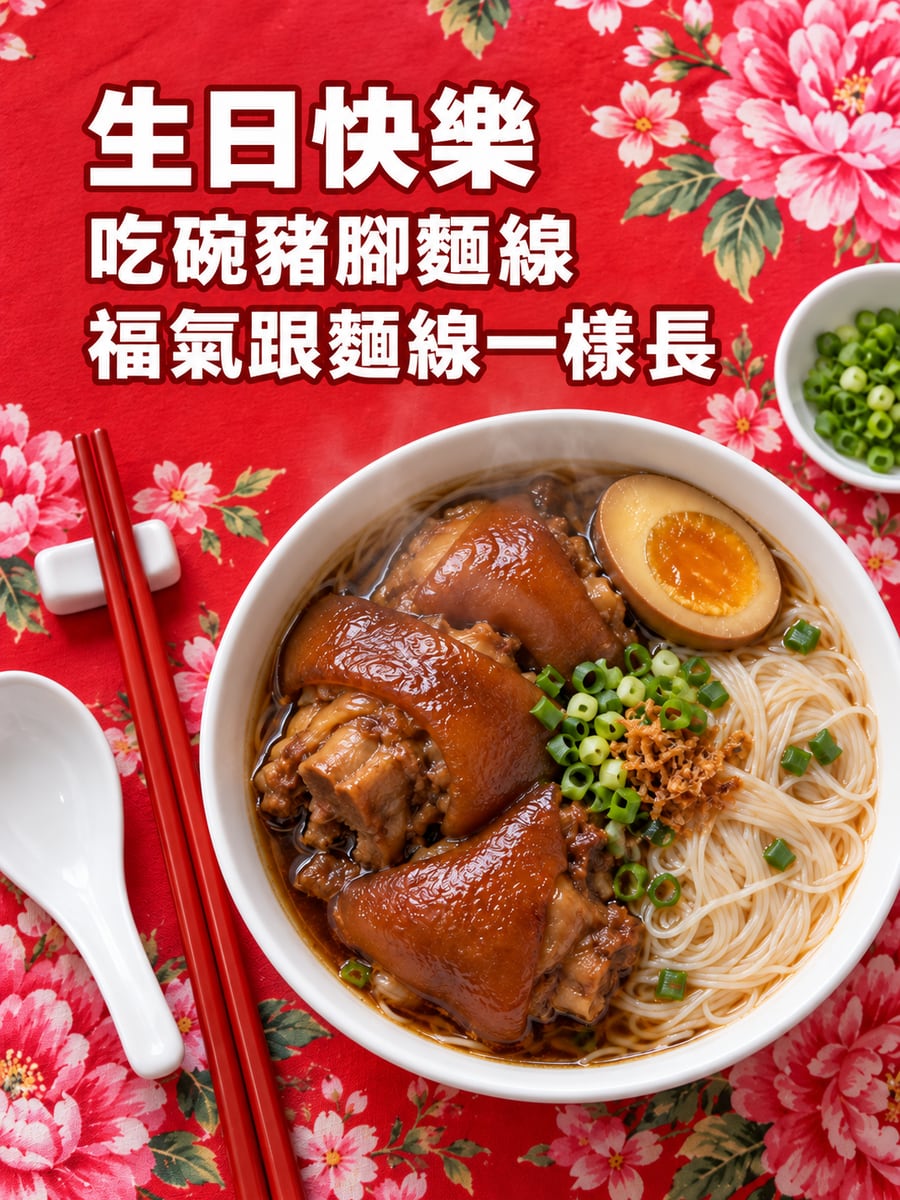豬腳麵線。圖中文字：生日快樂，吃碗豬腳麵線，福氣跟麵線一樣長
