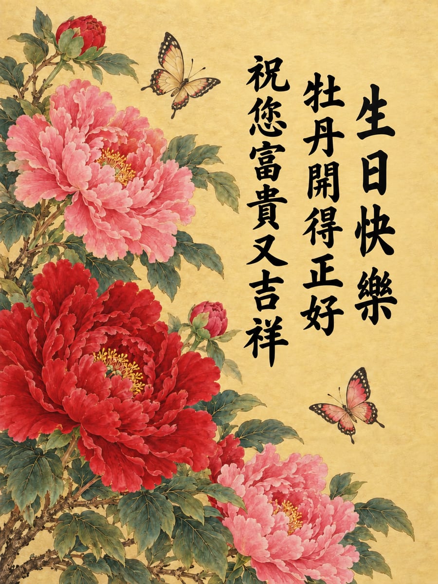 工筆牡丹富貴。圖中文字：生日快樂，牡丹開得正好，祝您富貴又吉祥