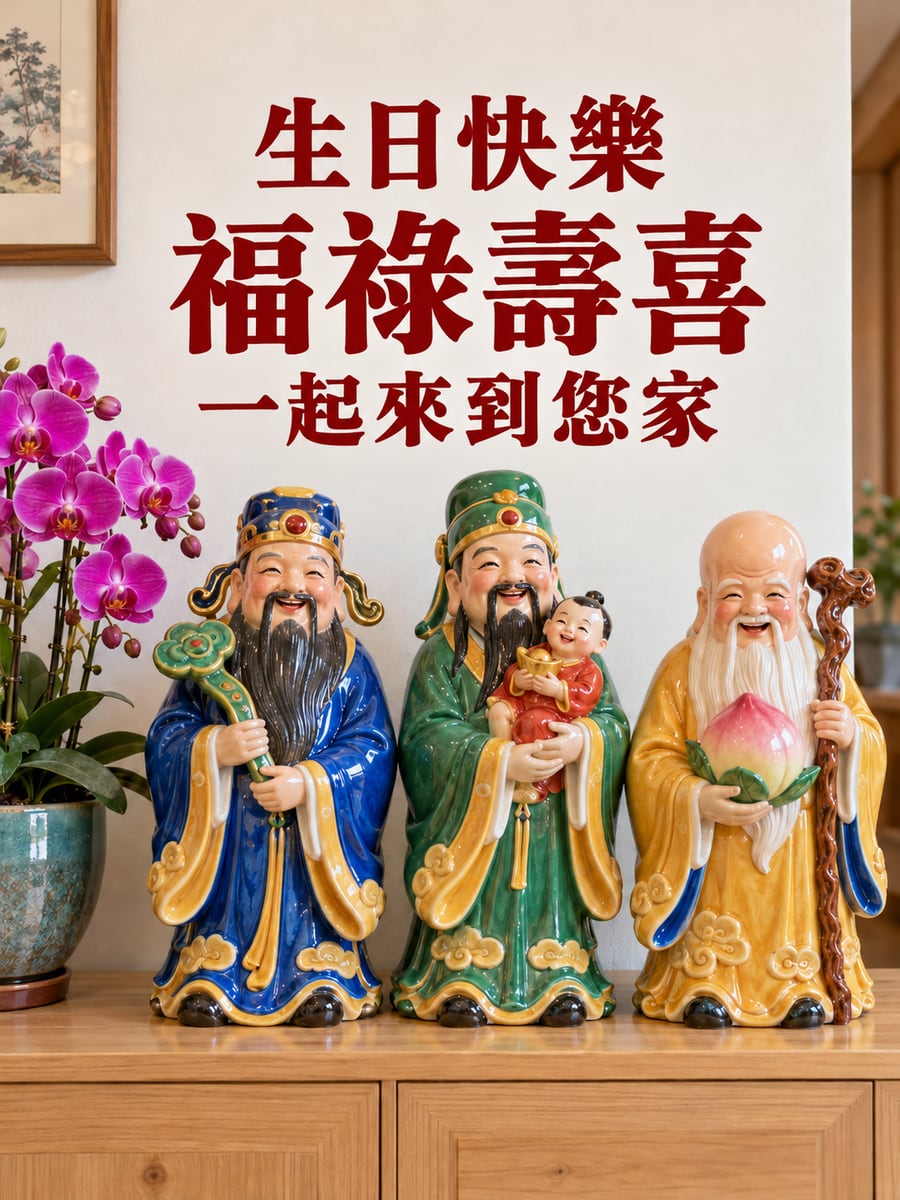 交趾陶福祿壽。圖中文字：生日快樂，福祿壽喜，一起來到您家
