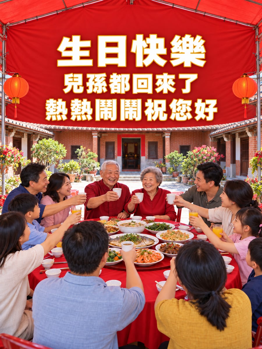 辦桌壽宴全家到。圖中文字：生日快樂，兒孫都回來了，熱熱鬧鬧祝您好