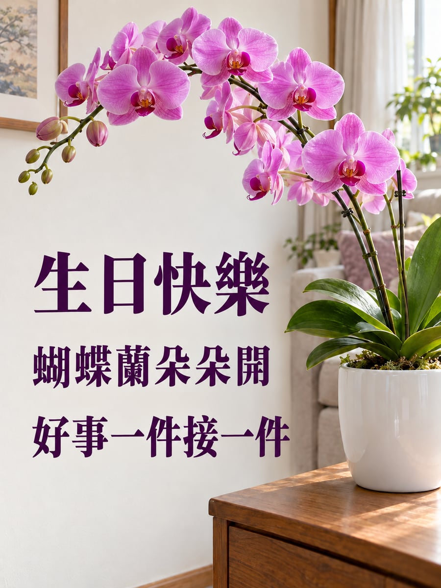 蝴蝶蘭朵朵開。圖中文字：生日快樂，蝴蝶蘭朵朵開，好事一件接一件