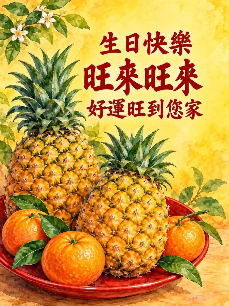 鳳梨旺來。圖中文字：生日快樂，旺來旺來，好運旺到您家