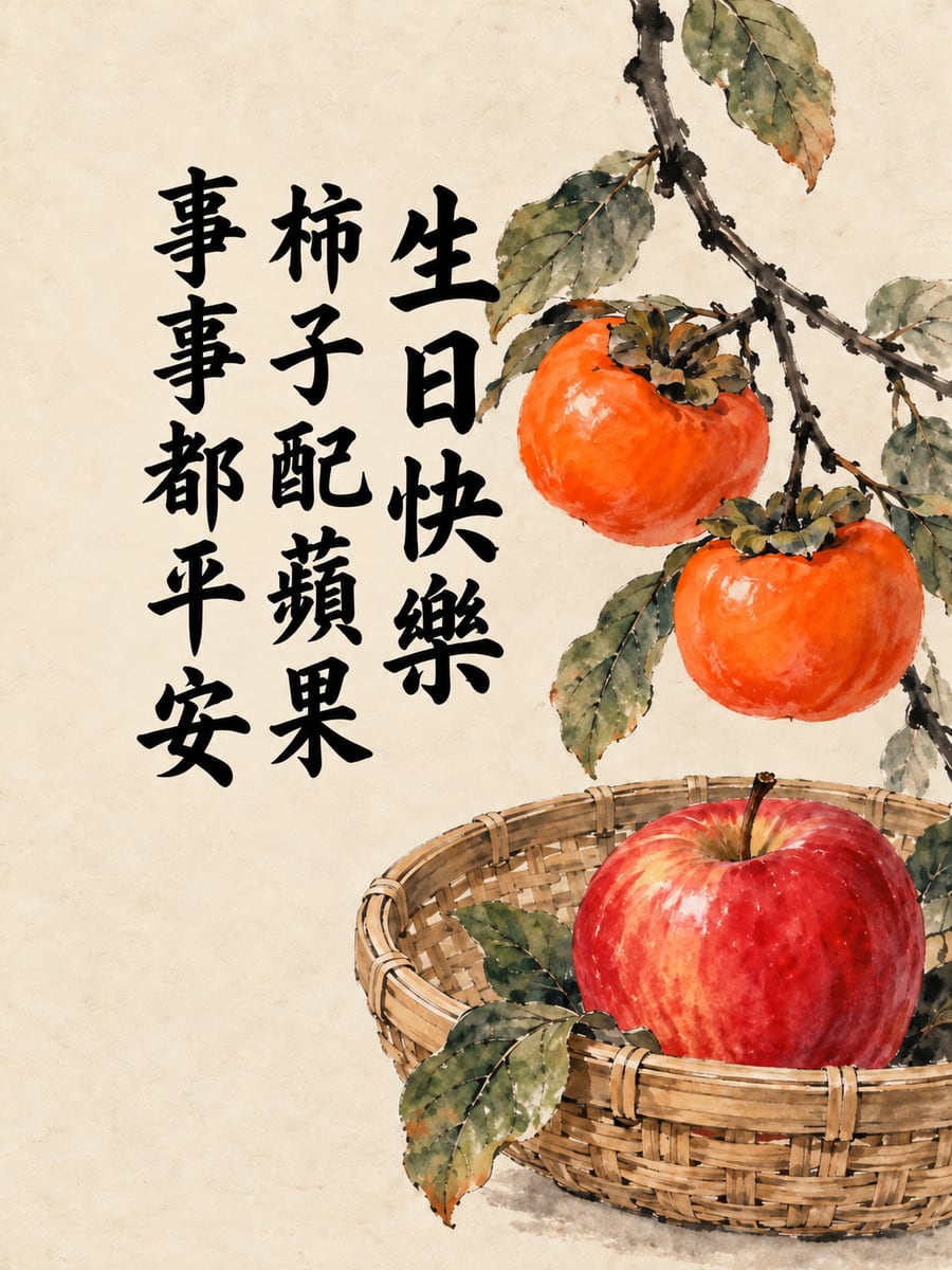 柿柿平安。圖中文字：生日快樂，柿子配蘋果，事事都平安