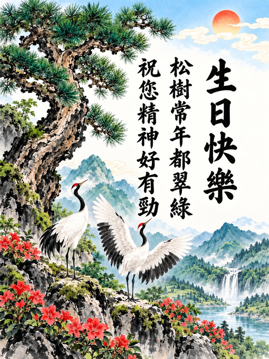 松鶴長青。圖中文字：生日快樂，松樹常年都翠綠，祝您精神好有勁