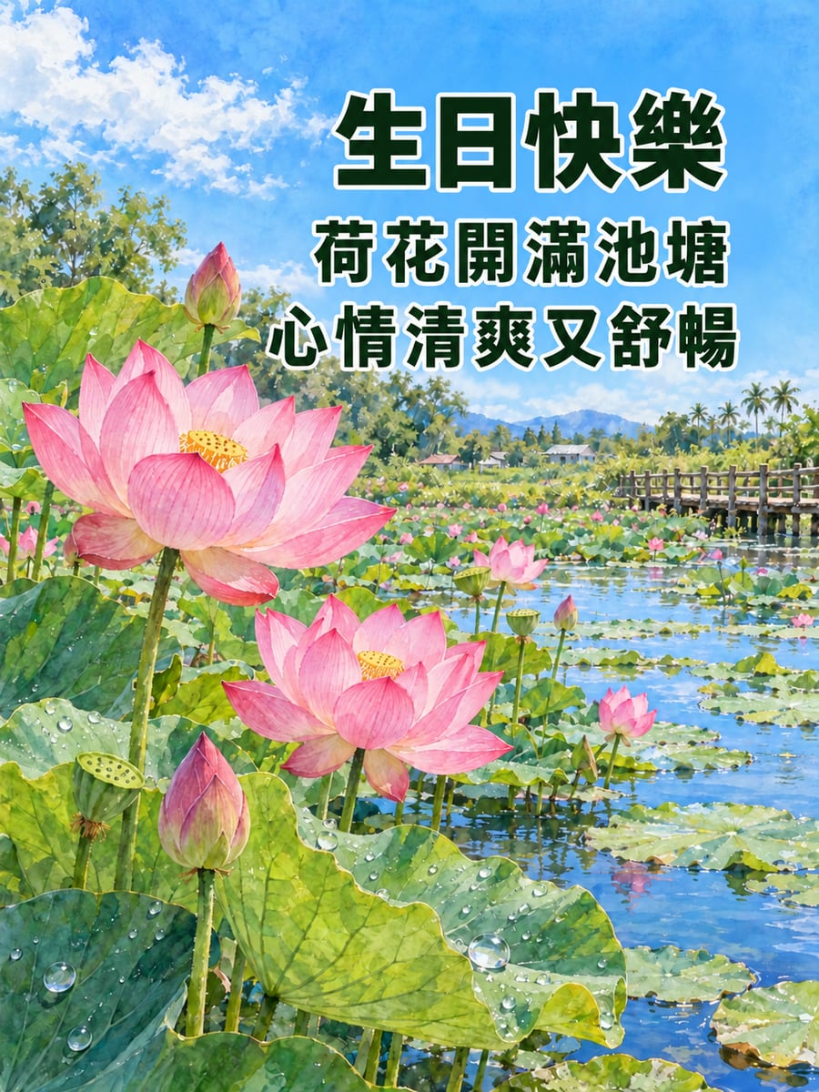 荷花池清香。圖中文字：生日快樂，荷花開滿池塘，心情清爽又舒暢