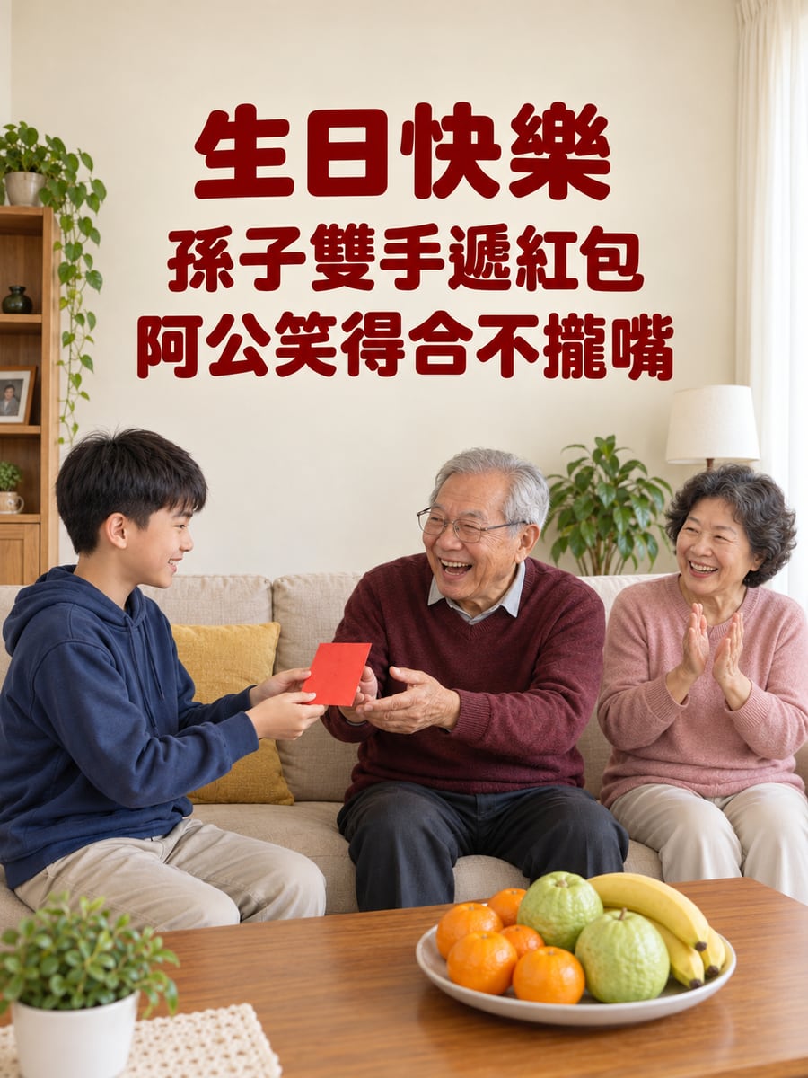 孫子遞紅包。圖中文字：生日快樂，孫子雙手遞紅包，阿公笑得合不攏嘴