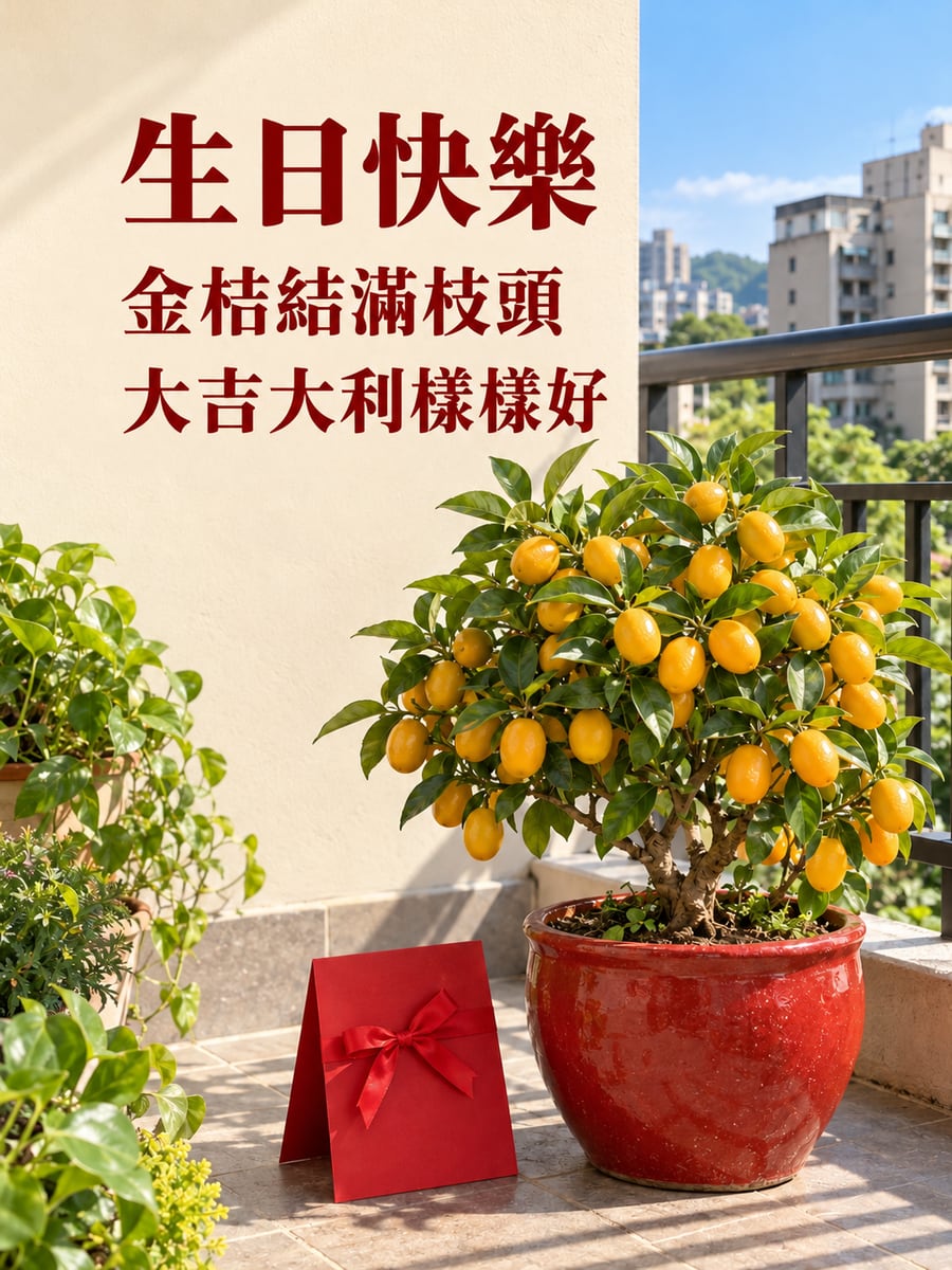 金桔盆栽。圖中文字：生日快樂，金桔結滿枝頭，大吉大利樣樣好
