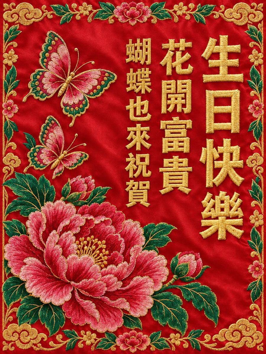 刺繡牡丹蝴蝶。圖中文字：生日快樂，花開富貴，蝴蝶也來祝賀
