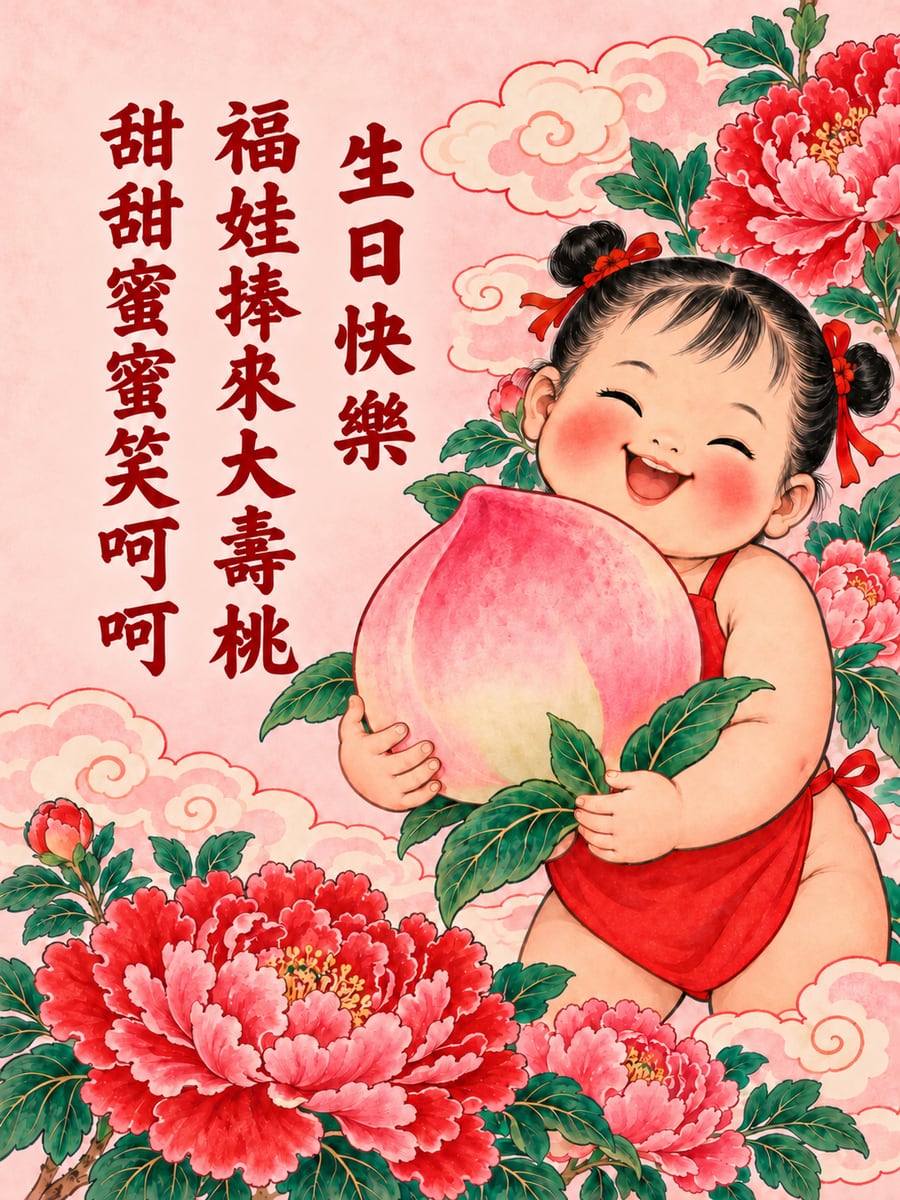 福娃捧壽桃。圖中文字：生日快樂，福娃捧來大壽桃，甜甜蜜蜜笑呵呵