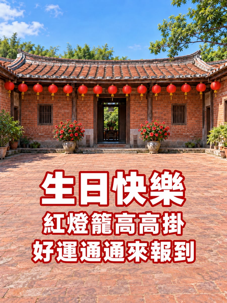 三合院紅燈籠。圖中文字：生日快樂，紅燈籠高高掛，好運通通來報到