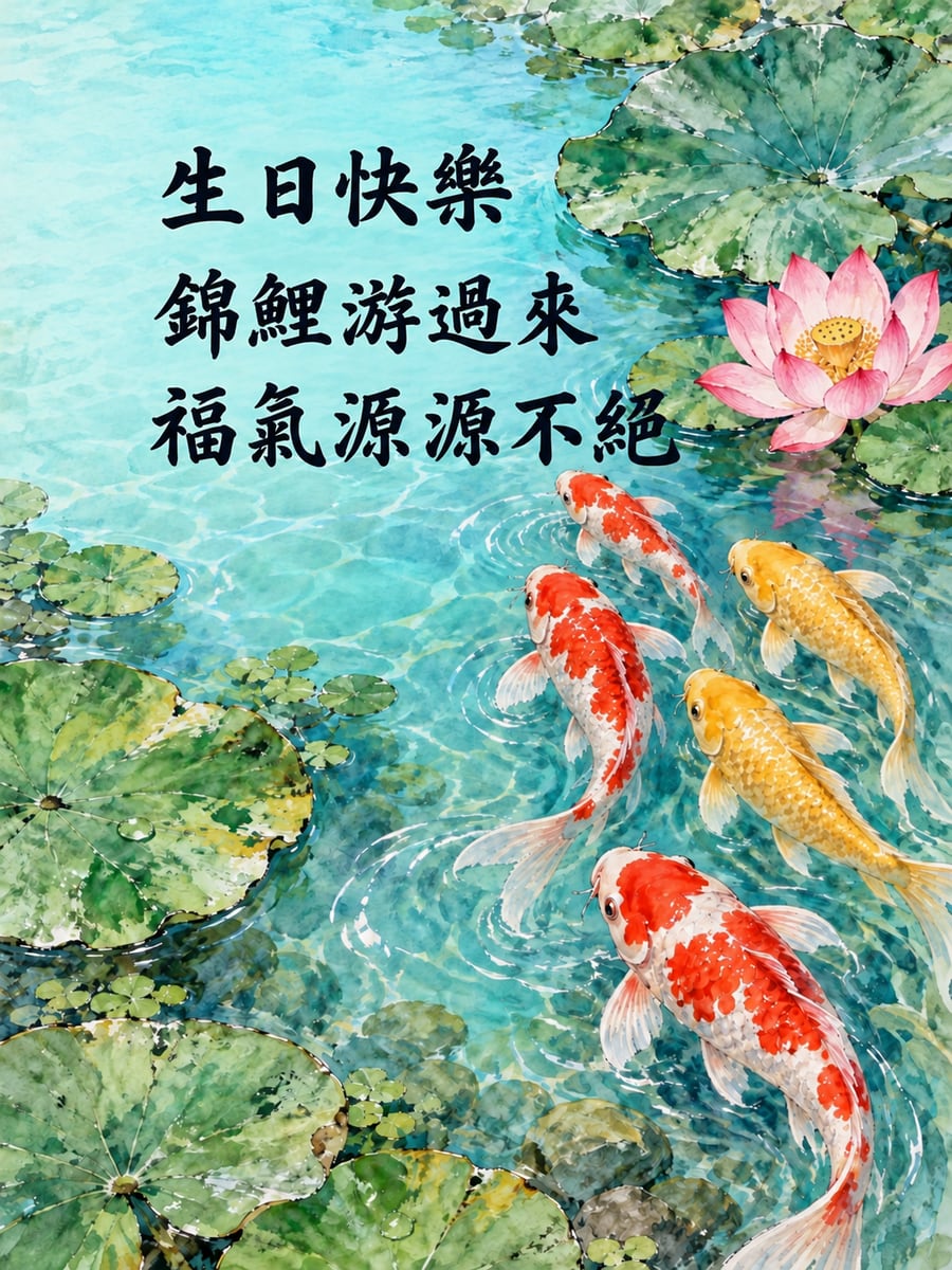 錦鯉帶好運。圖中文字：生日快樂，錦鯉游過來，福氣源源不絕