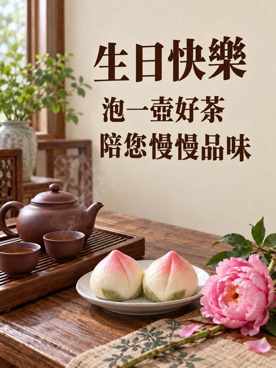 好茶配壽桃。圖中文字：生日快樂，泡一壺好茶，陪您慢慢品味