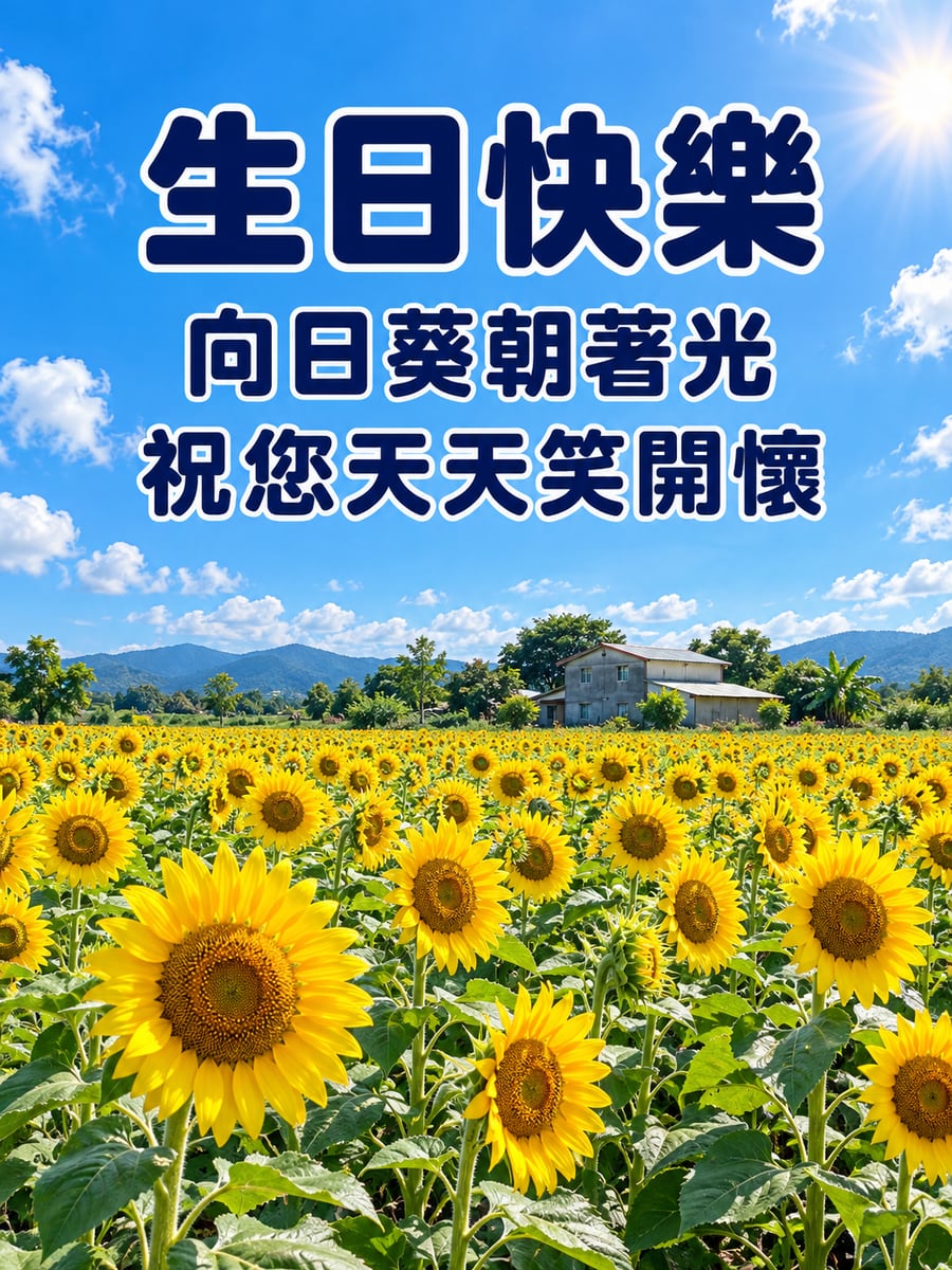 向日葵笑開懷。圖中文字：生日快樂，向日葵朝著光，祝您天天笑開懷