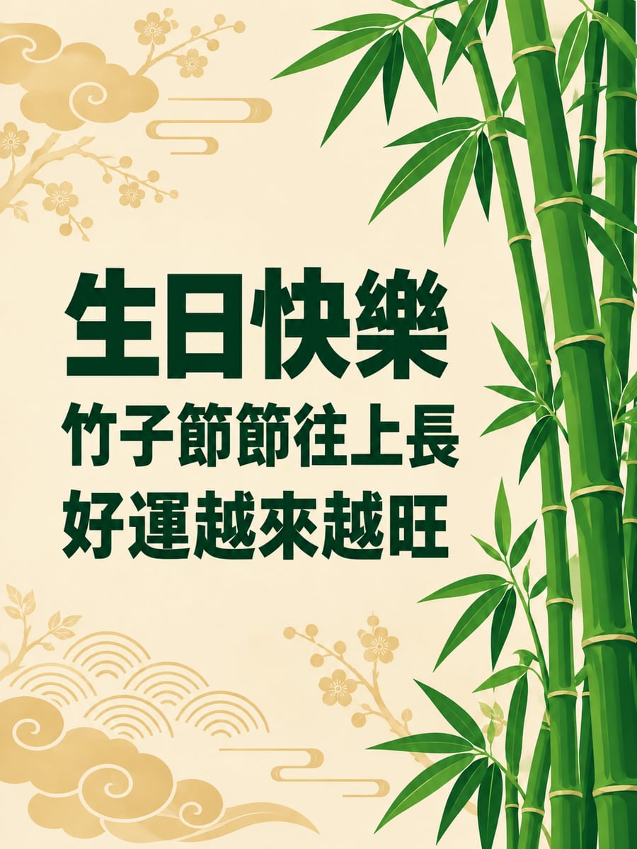 竹子節節高。圖中文字：生日快樂，竹子節節往上長，好運越來越旺