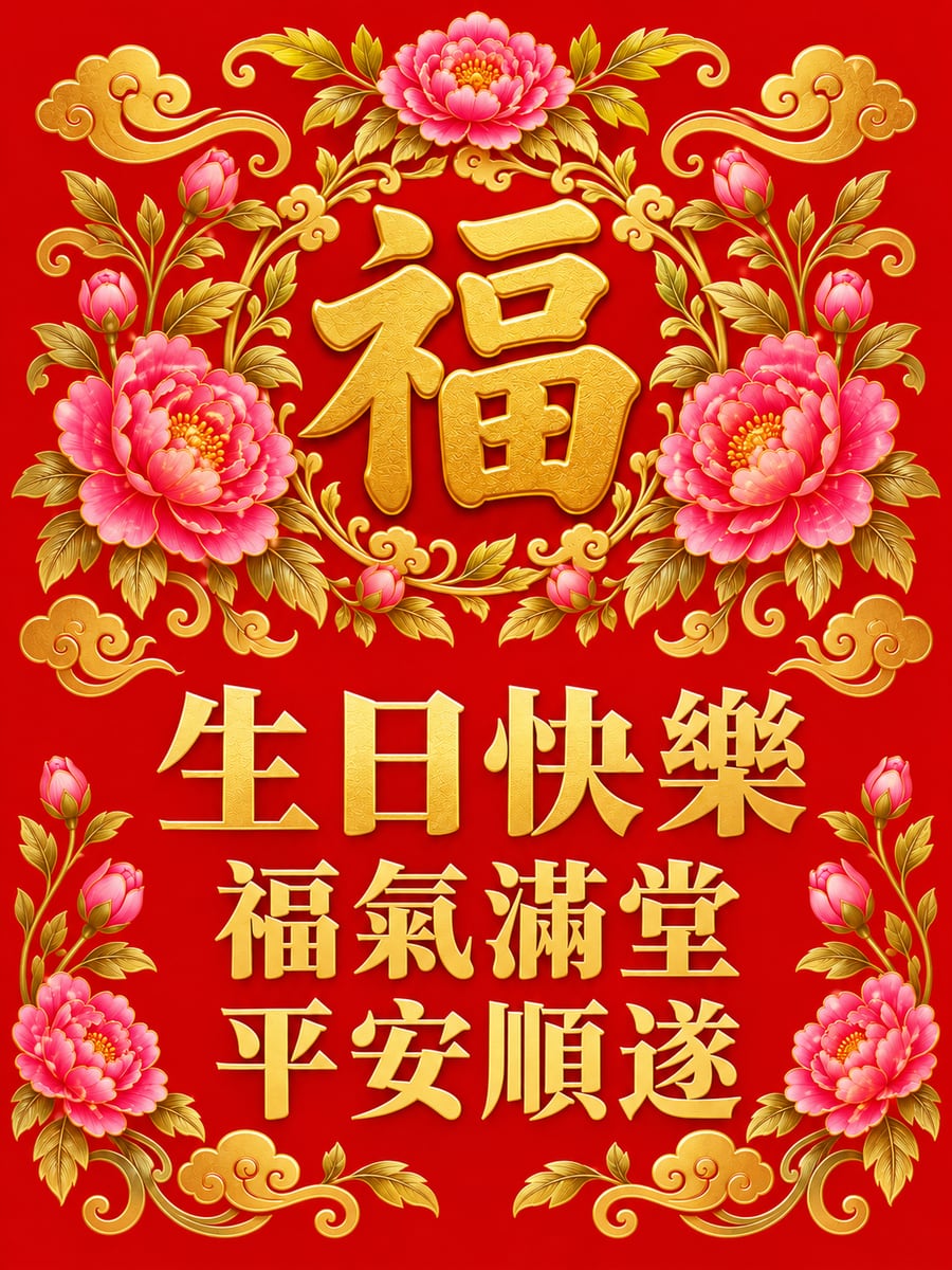 金色福字牡丹。圖中文字：生日快樂，福氣滿堂，平安順遂