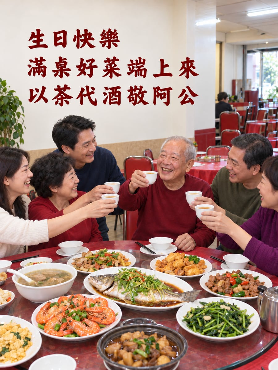熱炒店敬阿公。圖中文字：生日快樂，滿桌好菜端上來，以茶代酒敬阿公