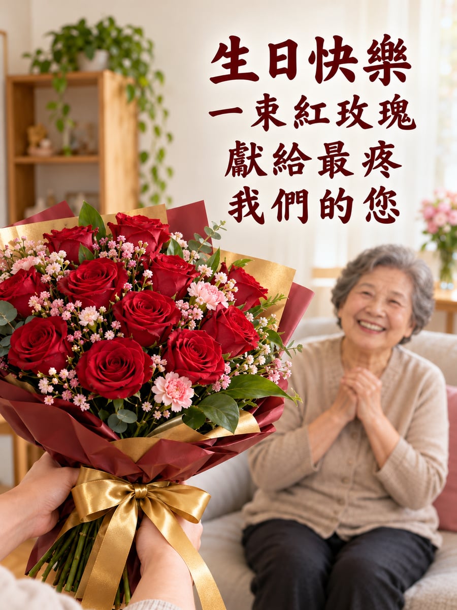 紅玫瑰獻給您。圖中文字：生日快樂，一束紅玫瑰，獻給最疼我們的您