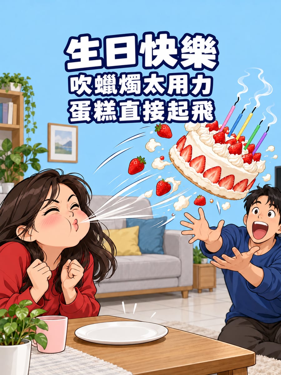 蛋糕被吹飛了。圖中文字：生日快樂，吹蠟燭太用力，蛋糕直接起飛