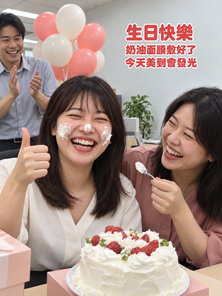 奶油面膜敷好了。圖中文字：生日快樂，奶油面膜敷好了，今天美到會發光
