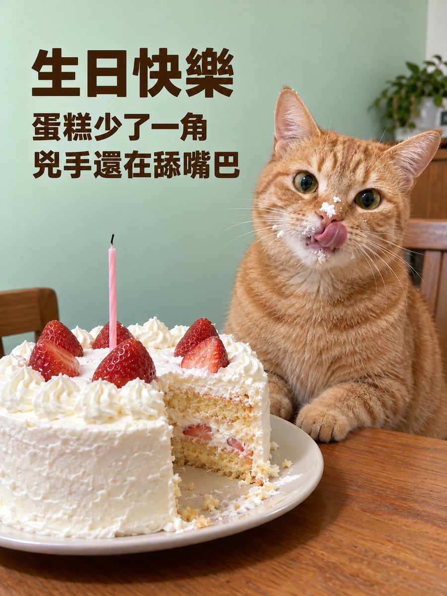 偷吃蛋糕的橘貓。圖中文字：生日快樂，蛋糕少了一角，兇手還在舔嘴巴