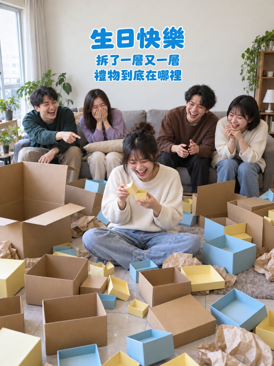 拆不完的禮物。圖中文字：生日快樂，拆了一層又一層，禮物到底在哪裡