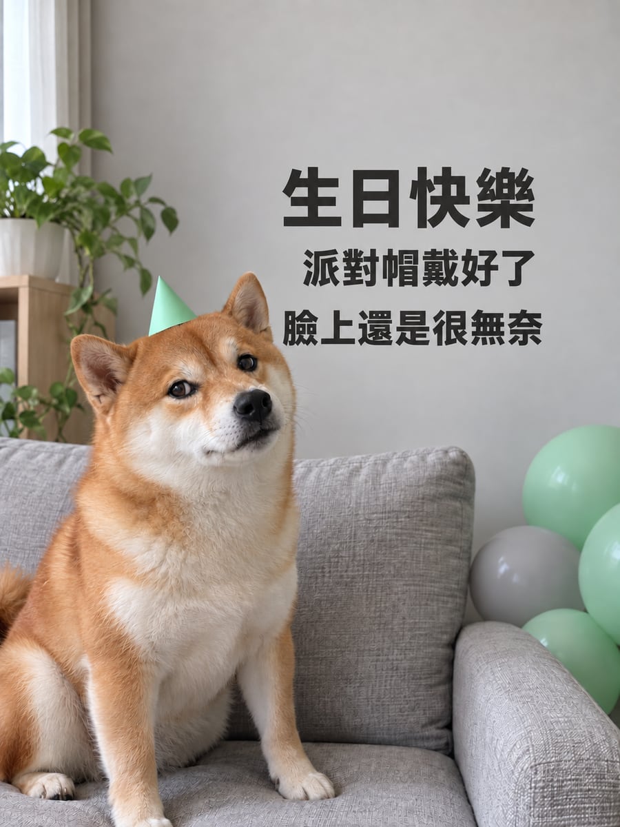 柴犬戴派對帽。圖中文字：生日快樂，派對帽戴好了，臉上還是很無奈