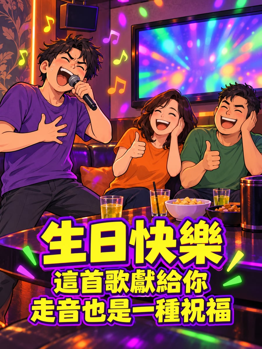 KTV 走音生日歌。圖中文字：生日快樂，這首歌獻給你，走音也是一種祝福
