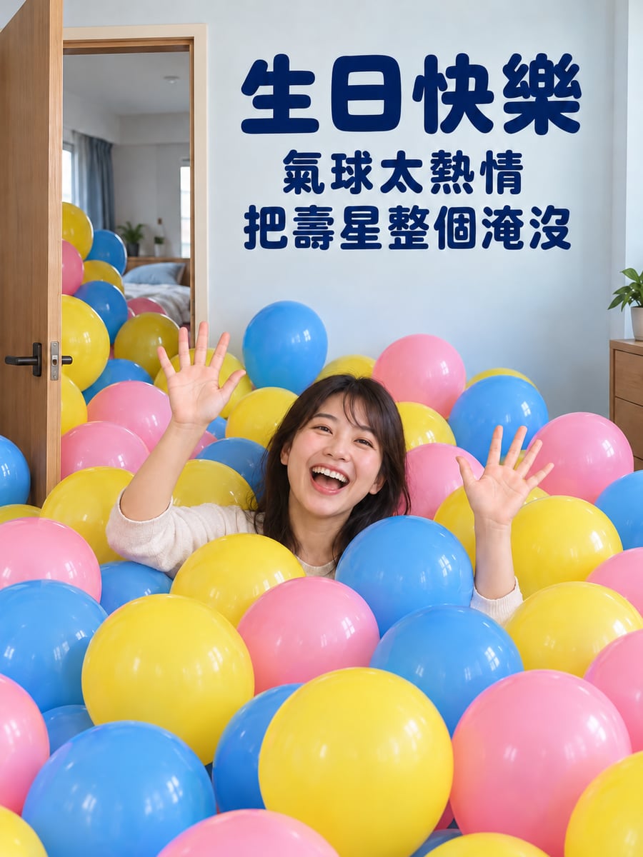 氣球淹沒壽星。圖中文字：生日快樂，氣球太熱情，把壽星整個淹沒