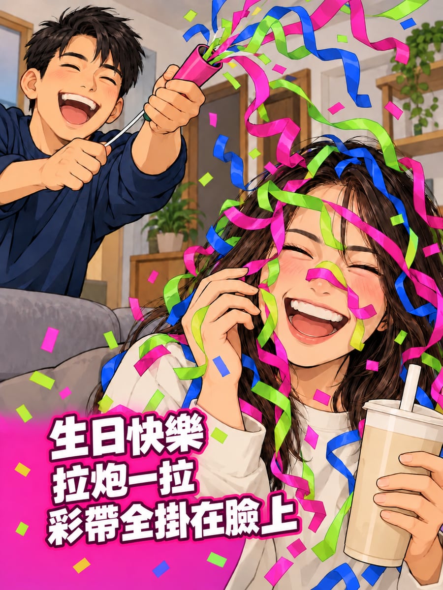 拉炮彩帶掛滿臉。圖中文字：生日快樂，拉炮一拉，彩帶全掛在臉上