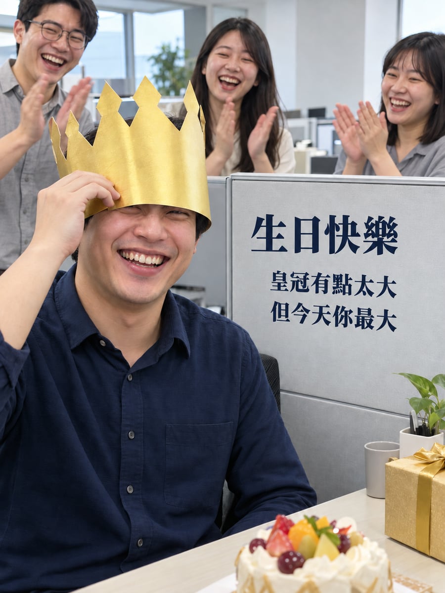 皇冠太大了。圖中文字：生日快樂，皇冠有點太大，但今天你最大