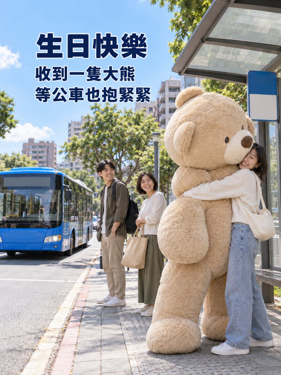 公車站抱大熊。圖中文字：生日快樂，收到一隻大熊，等公車也抱緊緊