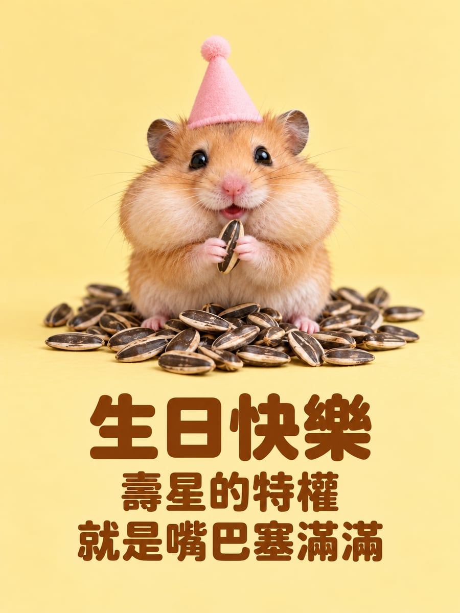 倉鼠塞滿嘴。圖中文字：生日快樂，壽星的特權，就是嘴巴塞滿滿