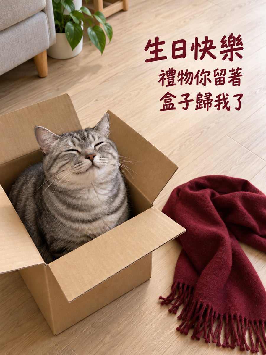 貓只要盒子。圖中文字：生日快樂，禮物你留著，盒子歸我了