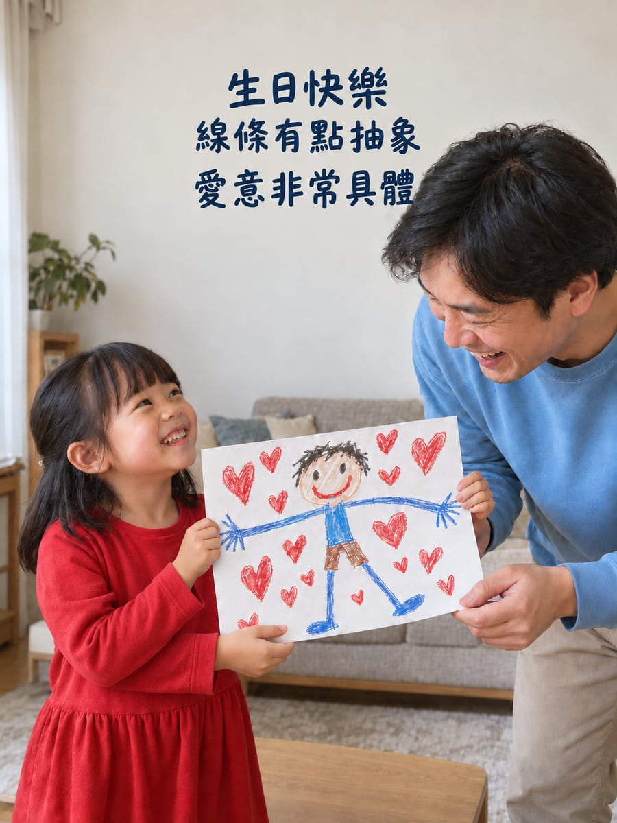 小孩畫的爸爸。圖中文字：生日快樂，線條有點抽象，愛意非常具體