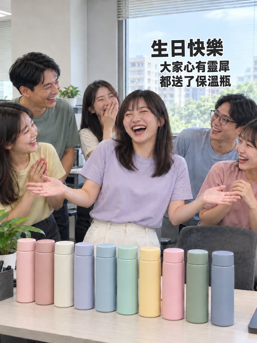 大家都送保溫瓶。圖中文字：生日快樂，大家心有靈犀，都送了保溫瓶